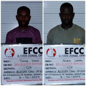 The Ilorin Zonal Command of the Economic and Financial Crimes Commission (EFCC) on Wednesday, May 22, 2024 arraigned two persons for offences bordering on possession of solid minerals unlawfully. 