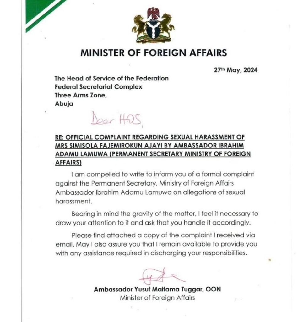 Nigeria's minister writes HoS over perm sec's sexual harassment of married staff 